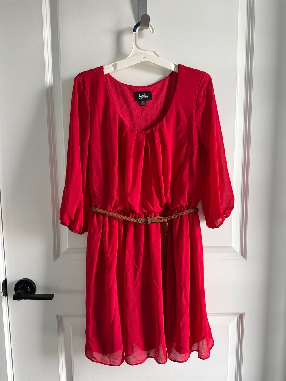 Red Chiffon Waist-Tie Dress - EUC